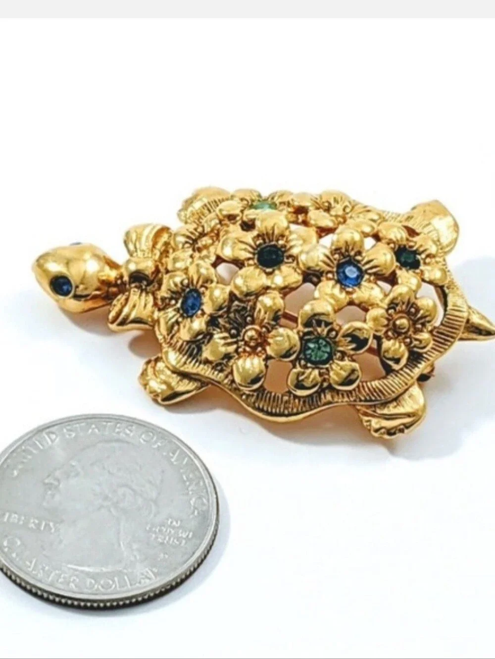 Vintage Avon Gold-Tone Turtle Brooch with Blue & Green Crystal Accents